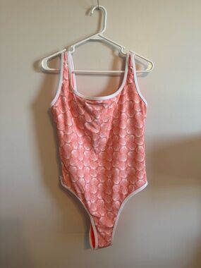 LainSnow Coral Pink One-Piece Swimsuit with White Trim
